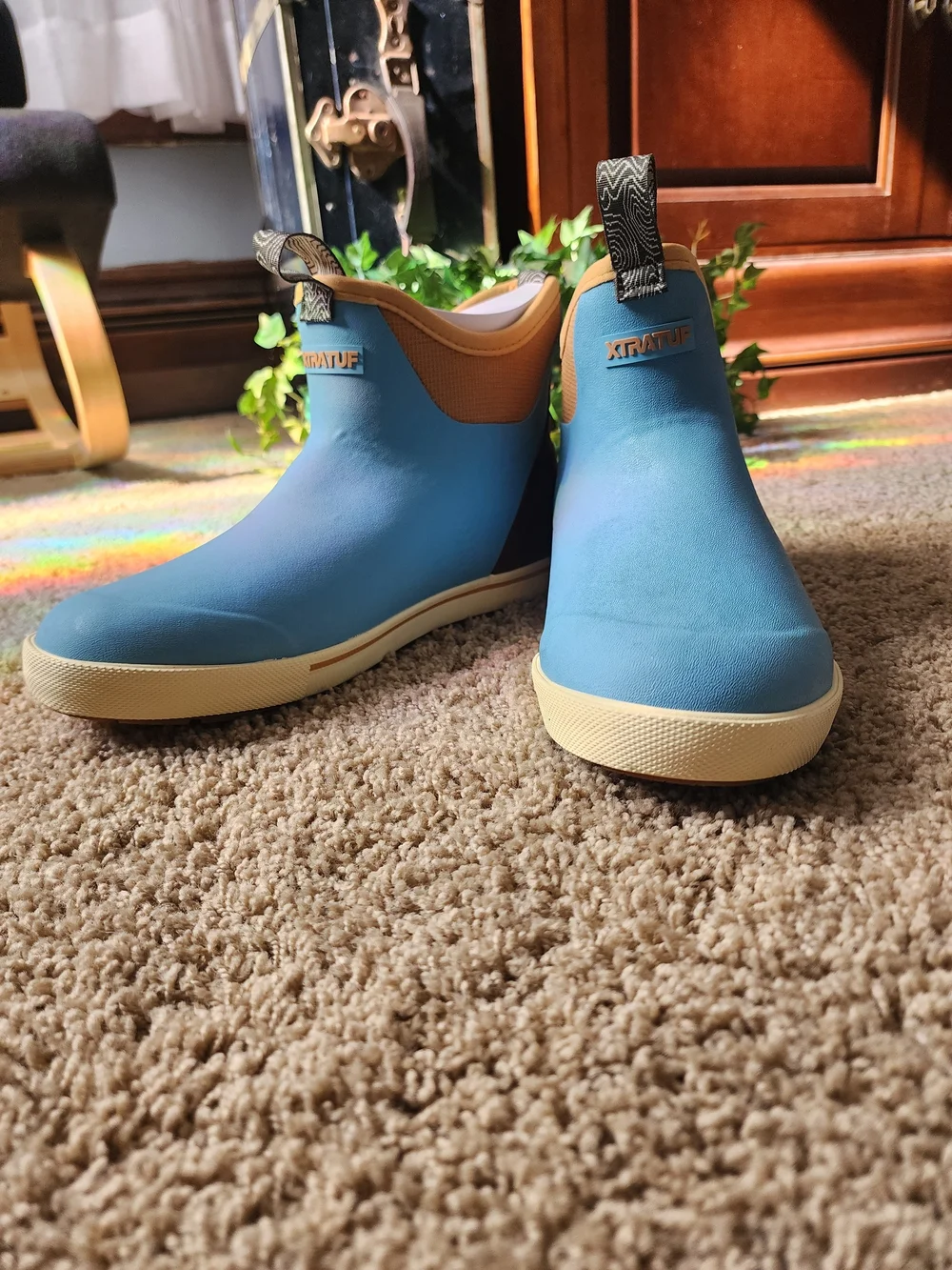 Xtratuf Fleece Lined Blue Waterproof Rain & Snow Ankle Boots with Tan Trim